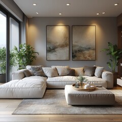 Modern Living Room with Neutral Tones and Abstract Art