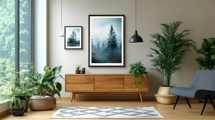 Living Room Decor with Forest & Fog Pictures, Plants, and a Modern Chair