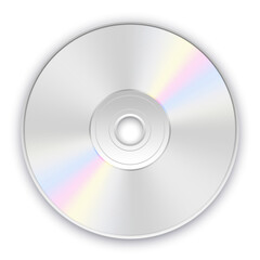 Vector illustration of transparent silver CD or DVD disc with rainbow reflection and soft shadow on white background. Realistic compact disc icon.