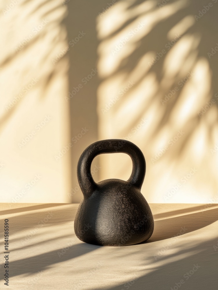 Poster The black kettlebell sits on a smooth surface, creating gentle shadows as sunlight streams in, highlighting its shape and texture. Generative AI