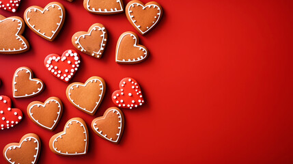 Red heart shaped cookies on red background for Valentine's Day, Christmas