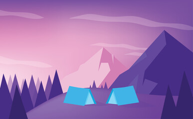 A blue tent is on a hillside next to a mountain