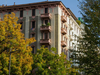 Old residential building along corso Sempione in Milan, Italy