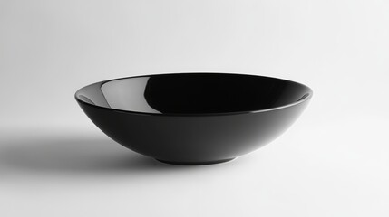 A sleek, black ceramic bowl rests on a pristine white backdrop, its smooth, glossy surface reflecting the ambient light. The bowl's simple, minimalist design exudes both elegance and functionality