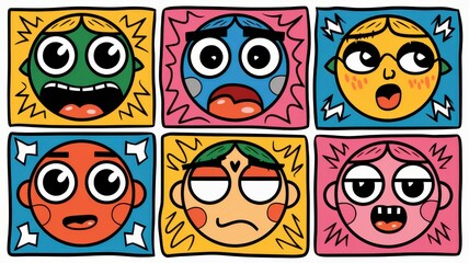 Colorful cartoon faces expressing various emotions
