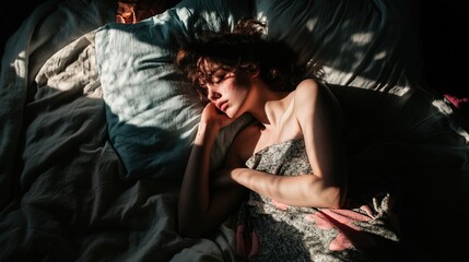 Naklejka premium Person tossing and turning in bed, struggling with insomnia and restlessness. The scene captures the emotional turmoil and physical discomfort of a sleepless night.
