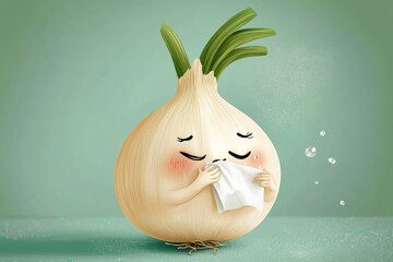 Cute Onion Cartoon Character Crying and Holding a Tissue