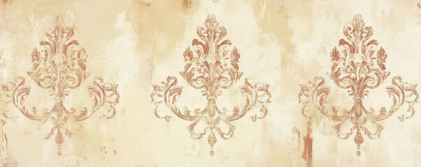 A classic vintage wallpaper design featuring intricate damask patterns in soft beige and muted red tones, perfect for home decor.