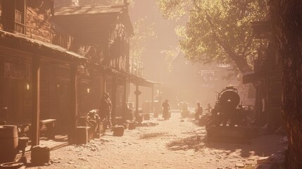 Fototapeta premium Vibrant Wild West Town Life: Blacksmith, Children Playing, Townsfolk Daily Activities with Spectacular Cinematic Lighting