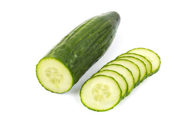 cucumber and slices on a white background