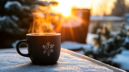A steaming cup of coffee on a snowy table with a winter sunrise in the background.