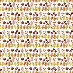 Watercolor seamless pattern with bright multicolored autumn leaves and maple winglets, chestnut fruits, oak acorns and pine cones