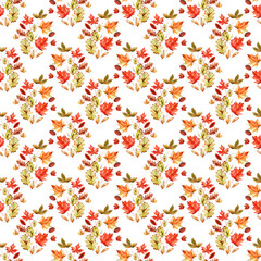 Watercolor seamless pattern with bright multicolored autumn leaves and maple winglets, chestnut fruits, oak acorns and pine cones