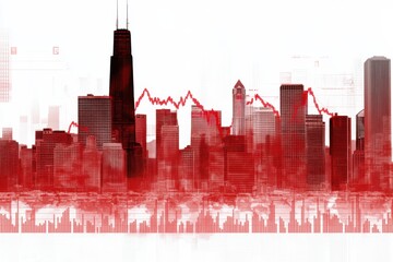 A business district skyline merging with a red, declining line graph and financial documents, symbolizing an economic recession in a double exposure style