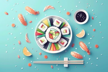 Obraz premium Colorful sushi platter with chopsticks on blue background