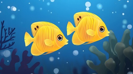 Two Yellow Fish Swimming in Blue Ocean with Coral Reef