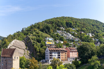 Swiss City of Baden at fun fair named Badenfahrt with scenic view of residential district and terrace buildings on a sunny summer day. Photo taken August 19th, 2023, Baden, Canton Aargau, Switzerland.