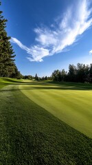 A golf course fairway with a blue sky and white clouds in the background.