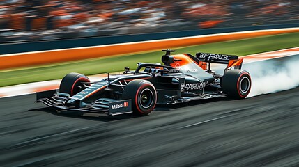 A Formula 1 race car speeds around a track, leaving a trail of smoke behind it. The car is in the lead and is about to overtake another car. The background is blurred and the focus is on the car.
