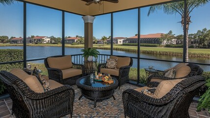Florida mansion lanai boasting a sleek modern design, expansive screened-in pool, and stunning waterfront views, perfect for luxurious outdoor living.