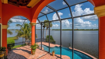Fototapeta premium Florida mansion lanai with sophisticated design, showcasing a spacious screened-in pool and stunning waterfront views for a high-end outdoor experience.