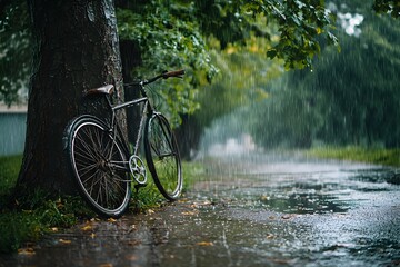 Fototapeta premium Bicycle Leaning Against Tree in Rainy Serenity Symbolizing Life s Peaceful Pause