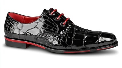 Glossy black crocodile-patterned dress shoes posed on a white background, perfect for showcasing high-end fashion and style.