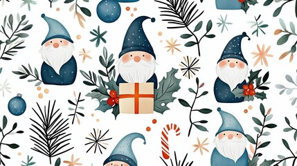 Cute Christmas Gnome Characters Surrounded by Festive Foliage