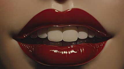 Obraz premium Glossy red lips with a perfect smile, revealing white teeth in a close-up that captures elegance and charm.