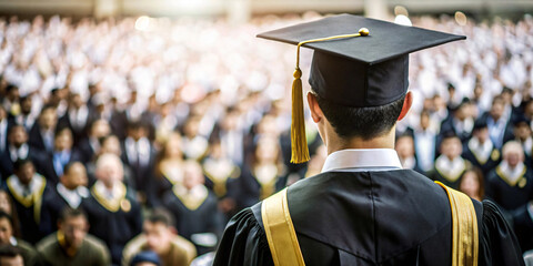 Graduation ceremony with students wearing academic regalia, seated in a row, celebrating academic achievement in a formal setting.