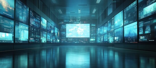 Empty futuristic corridor with large screens displaying digital data.