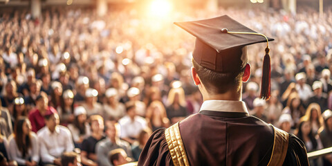 Graduation ceremony with students wearing academic regalia, seated in a row, celebrating academic achievement in a formal setting.