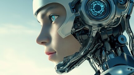 Fototapeta premium Half man, half cyborg portrait with robotic details on one side of the face, set against a neutral background for a sci-fi feel.