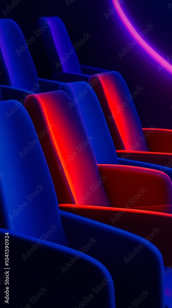 Poster Rows of empty modern theater seats softly illuminated with blue and red neon lights, creating a captivating visual spectacle