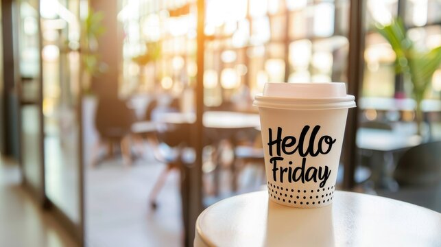 hello friday coffee cup stand on table