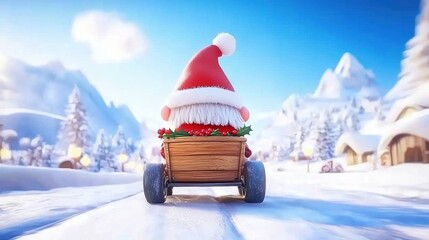 Festive Wooden Sleigh in Snowy Winter Wonderland Landscape with Santa Hat and Gifts