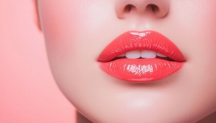 Obraz premium Close-up of vibrant coral lips on a soft pink background, showcasing glossy finish and perfect makeup details.
