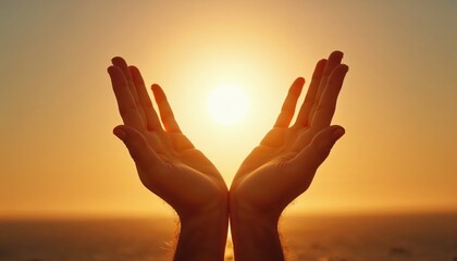 Fototapeta premium A person is joyfully holding the sun in their hands during sunset