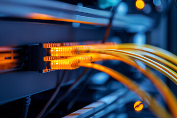 Naklejka premium network cables connected to a server rack, with glowing orange lights indicating data activity. The image showcases a modern data center environment with a focus on technology and connectivity.