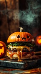 Delicious halloween burger is melting with cheese on a rustic wooden board. Smoke is coming out of the burger, creating a spooky atmosphere