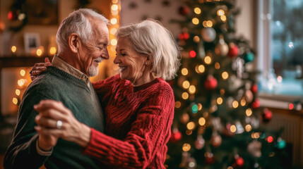 Loving elderly couple dancing together during christmas eve at home - Winter season - Models by AI generative