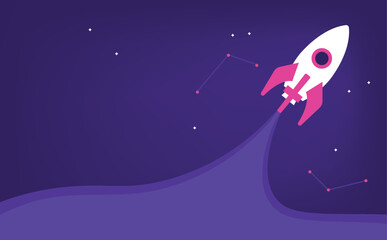 A purple background with a white rocket flying through it