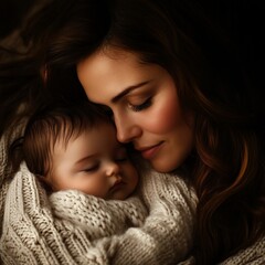A mother lovingly cradles her sleeping baby, both wrapped in a soft, cozy blanket.
