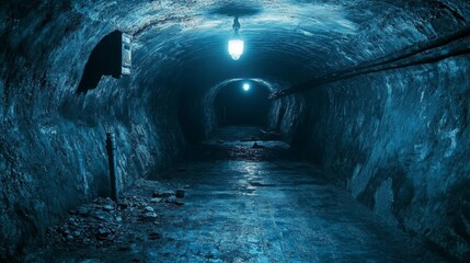 Naklejka premium Dark Moody Underground Tunnel with Light at End Abandoned Mineshaft