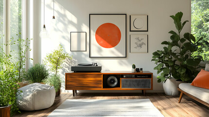 Mid Century Modern Living Room with Plants and a Record Player