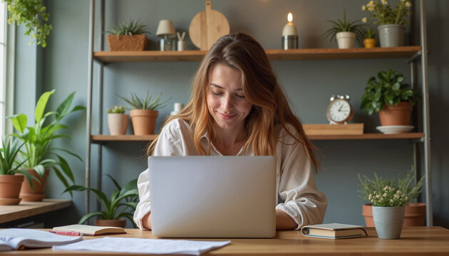 Young woman working on laptop in cozy home office surrounded by plants
