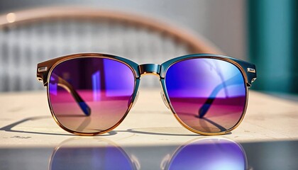 A stylish pair of sunglasses with vibrant purple lenses sits on a table