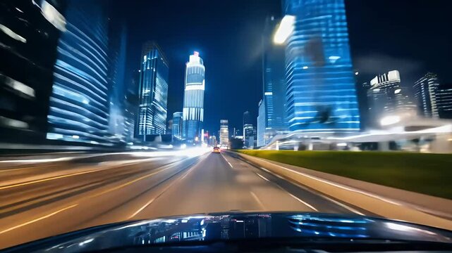 A thrilling timelapse captures nighttime drive city filmed car's roof hyperlapse effects glowing lines create abstract dreamlike urban landscape background business car technology sun fast