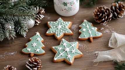Festive Christmas cookies decorated with icing and pinecones