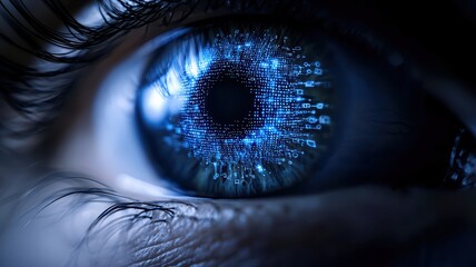 Futuristic digital eye with binary code visualization